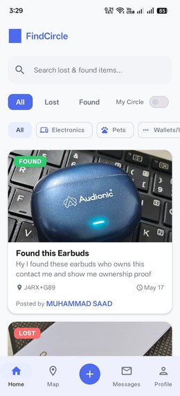 FindCircle Android app, lost and found community app with real-time location mapping